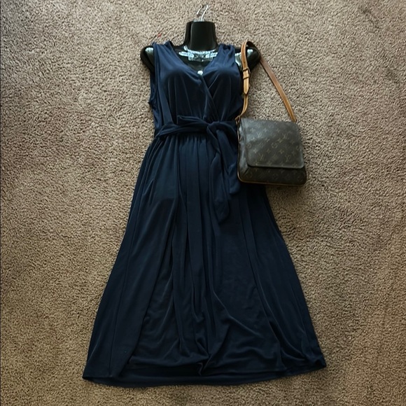 Nicole Miller Navy Ribbed Surplice Dress  Belted - Picture 3 of 6